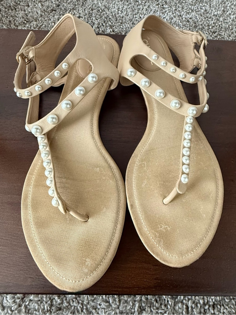 CHANEL Beige Pearl-Embellished T-Strap Sandals